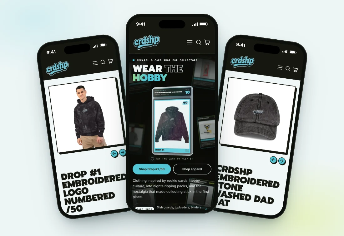 Three phones showing the CRDSHP store: the home page, the Drop #1 hoodie and the embroidered dad hat