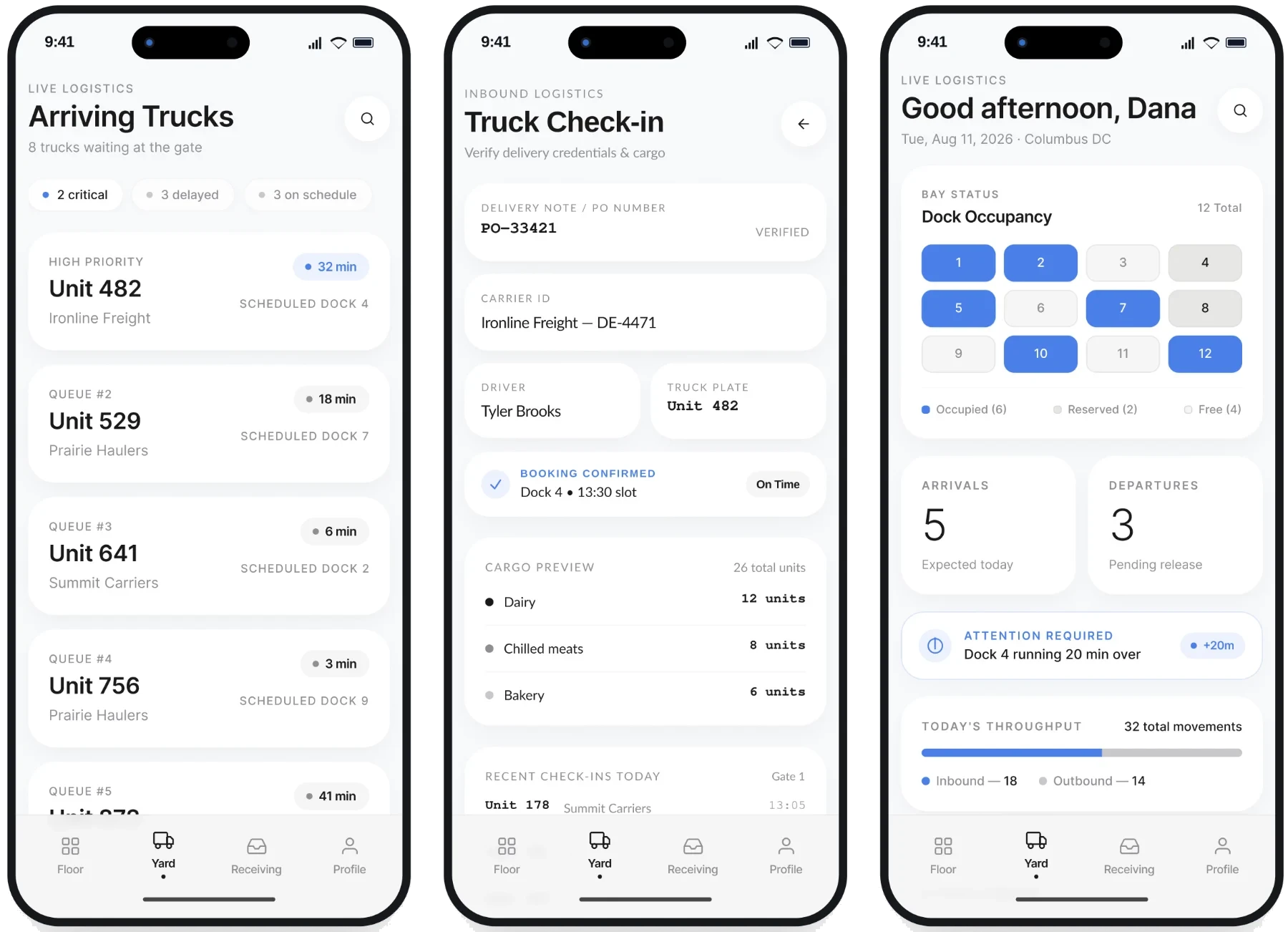 Field app screens: arriving trucks, truck check-in and dock occupancy