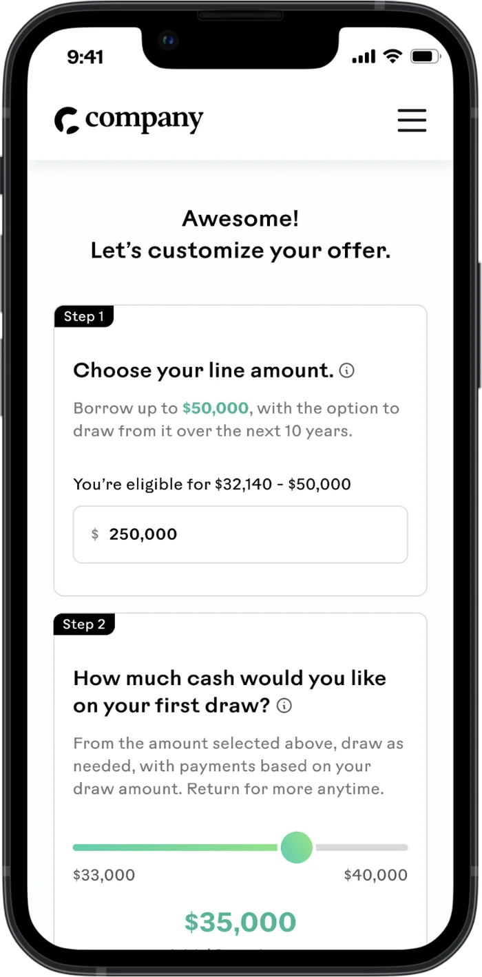 Customize-your-offer screen with line amount and first-draw slider