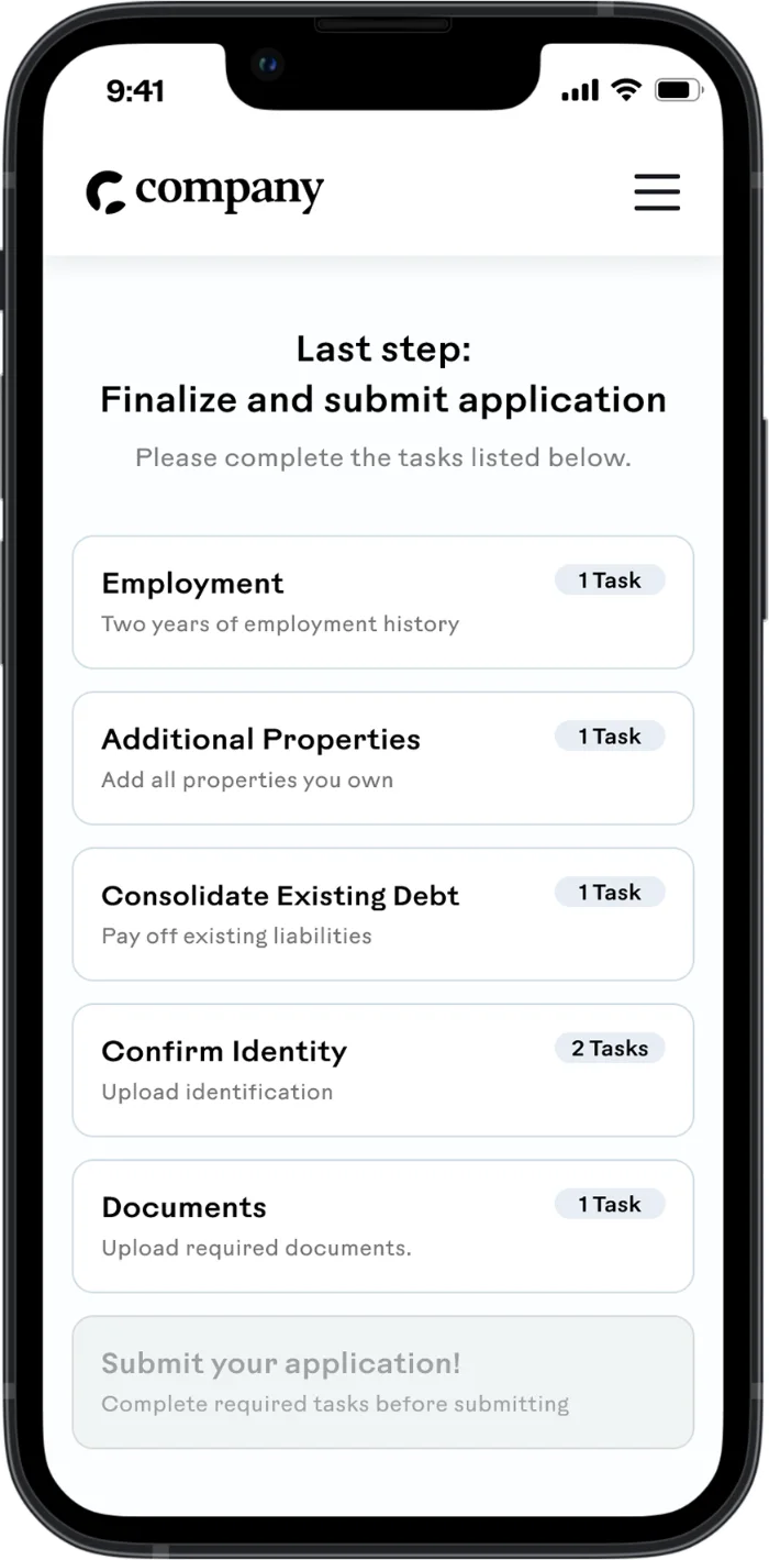 Final-step task list: employment, properties, debts, identity, documents