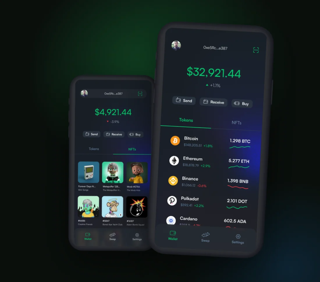 Web3 wallet: token portfolio and NFT gallery on two phones