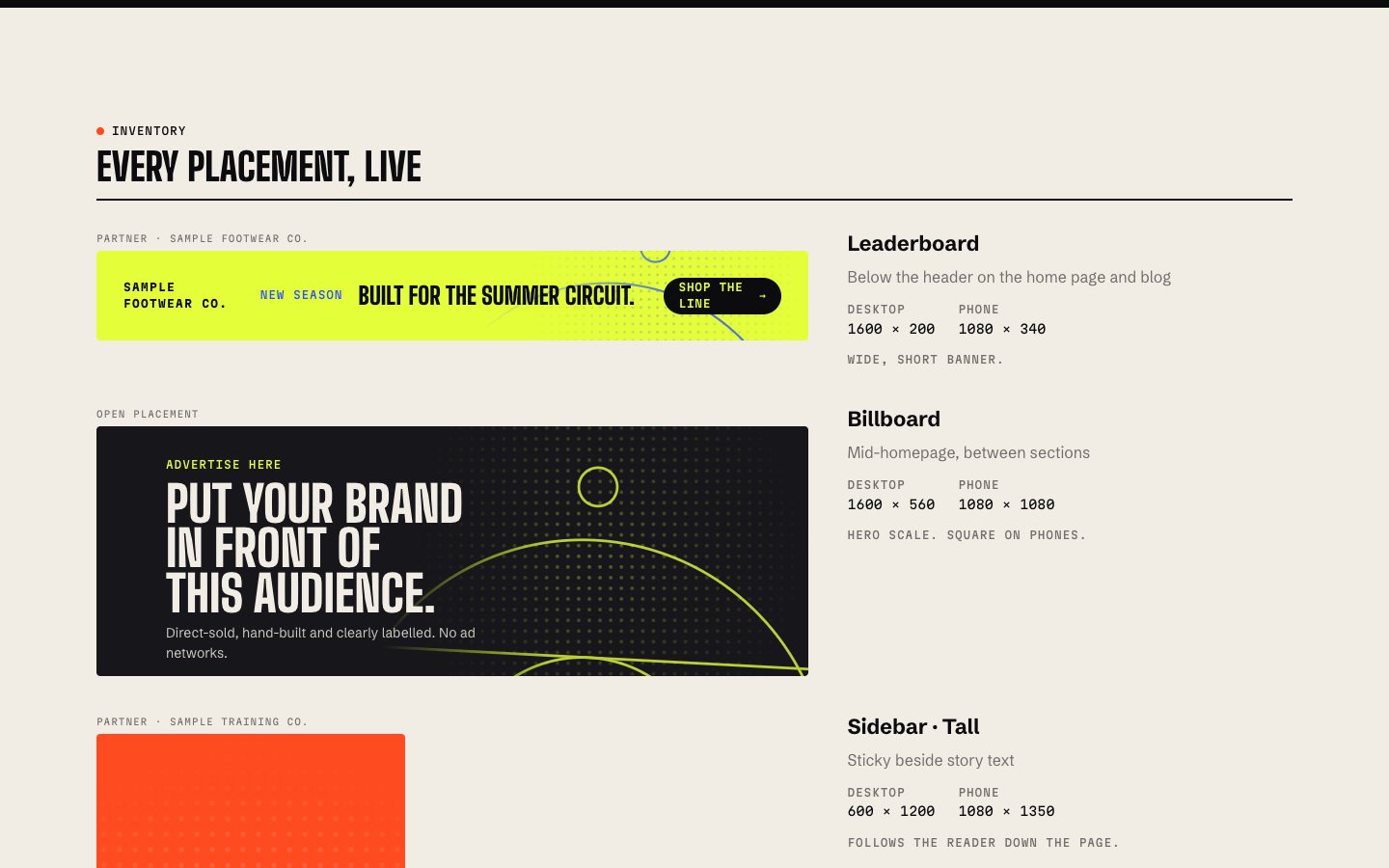 The partners page, with live ad specifications.